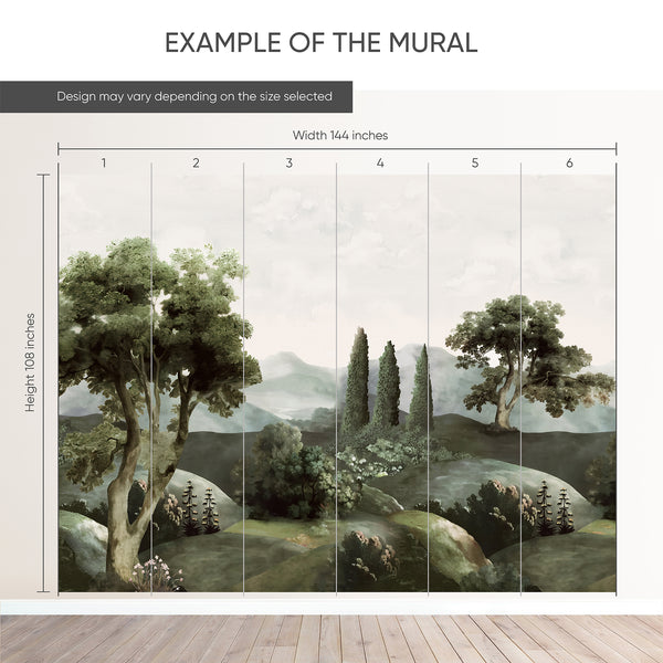 Example of a 144-inch-wide by 108-inch-high mural split into 6 panels, showing how the design is divided across  panels; the printed design varies with the size selected.