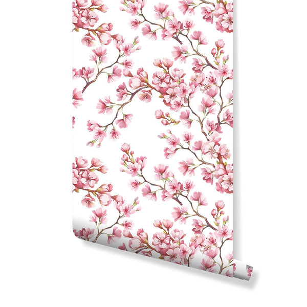 Watercolor Cherry Blossoms Wallpaper CC133 - CostaCover - Peel and stick Removable Wallpaper - accent wallpaper - adhesive wallpaper - Backsplash panels