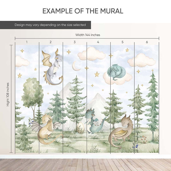 Dragons in Forest Wall Mural SM037 - CostaCover - Peel and stick Removable Wallpaper - accent wallpaper - adhesive wallpaper - baby bedroom