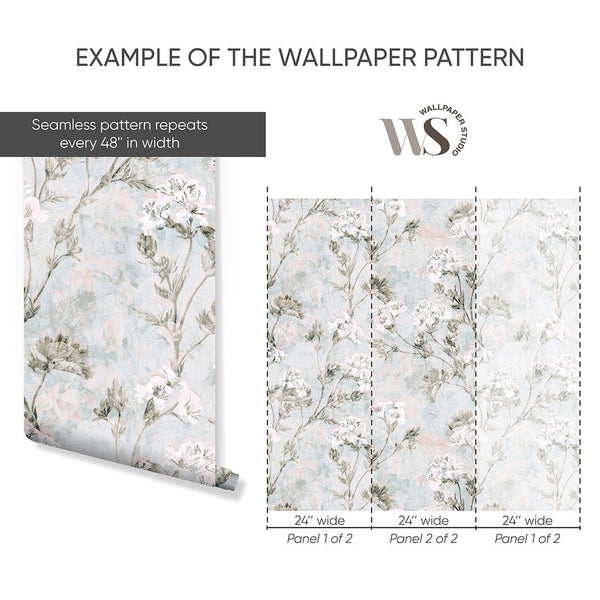 Blue Vintage Flowers Bouquet Wallpaper S075 - CostaCover - Peel and stick Removable Wallpaper - accent wallpaper - adhesive wallpaper - baby bedroom
