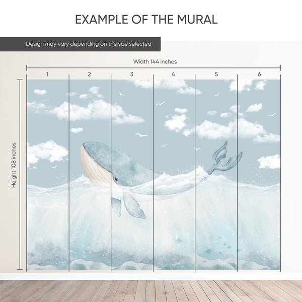 Blue Whale & Sky Wall Mural SM057 - CostaCover - Peel and stick Removable Wallpaper - accent wallpaper - adhesive wallpaper - Aqua blue wallpaper