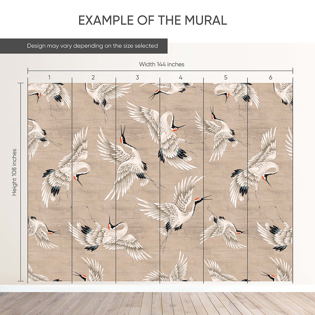 Flying Beige Japanese Cranes Wall Mural WM117