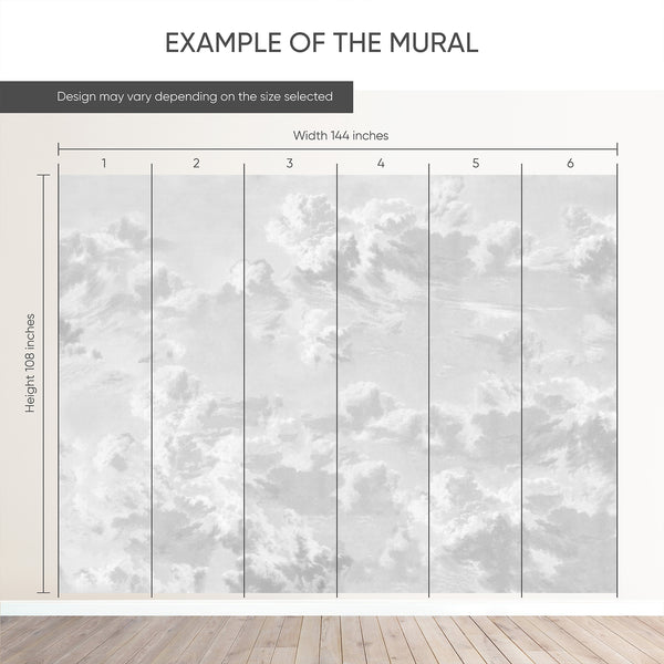 Example of a 144-inch-wide by 108-inch-high mural split into 6 panels, showing how the design is divided across  panels; the printed design varies with the size selected.
