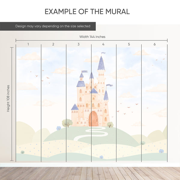 Example of a 144-inch-wide by 108-inch-high mural split into 6 panels, showing how the design is divided across  panels; the printed design varies with the size selected.