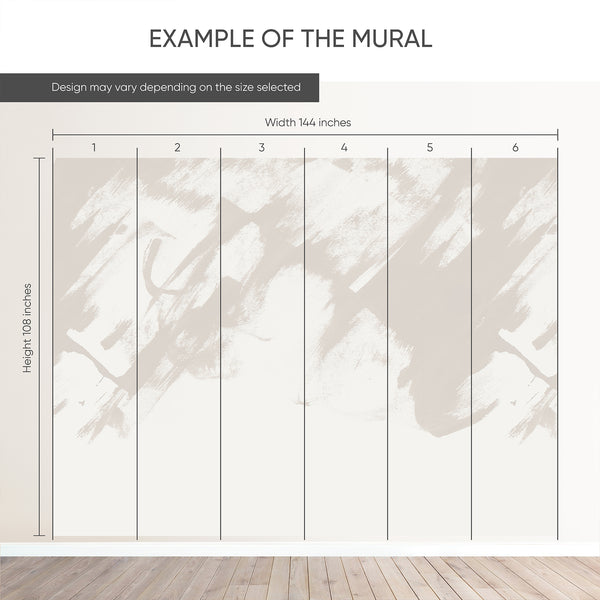 Example of a 144-inch-wide by 108-inch-high mural split into 6 panels, showing how the design is divided across  panels; the printed design varies with the size selected.