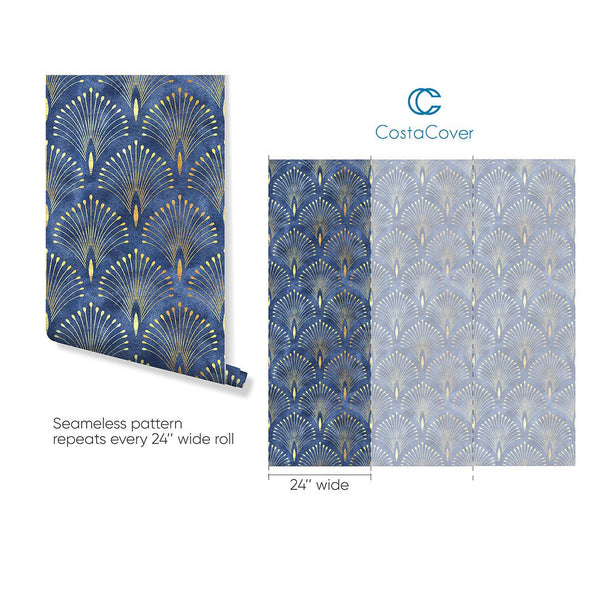 Blue Gold Art Deco Wallpaper CC286 - CostaCover - Peel and stick Removable Wallpaper - abstract wallpaper - accent wallpaper - adhesive wallpaper