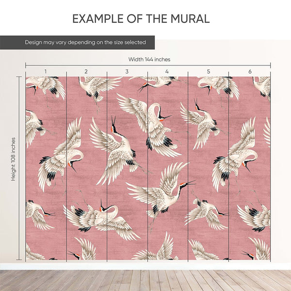 Flying Pink Japanese Cranes Wall Mural WM115 - CostaCover - Peel and stick Removable Wallpaper - accent wallpaper - adhesive wallpaper - animal texture