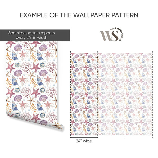 Seashells and Corals Wallpaper S090 - CostaCover - Peel and stick Removable Wallpaper - accent wallpaper - adhesive wallpaper - baby bedroom