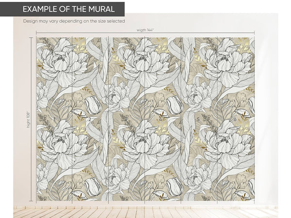 Beige, Black & Gold Flowers Wall Mural CCM158 - CostaCover - Peel and stick Removable Wallpaper - abstract wallpaper - accent wallpaper - adhesive wallpaper