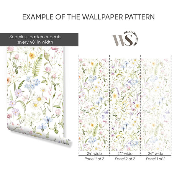 Pastel Delicate Wildflowers Wallpaper S073 - CostaCover - Peel and stick Removable Wallpaper - accent wallpaper - adhesive wallpaper - baby bedroom