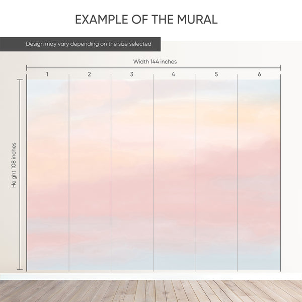 Example of a 144-inch-wide by 108-inch-high mural split into 6 panels, showing how the design is divided across  panels; the printed design varies with the size selected.