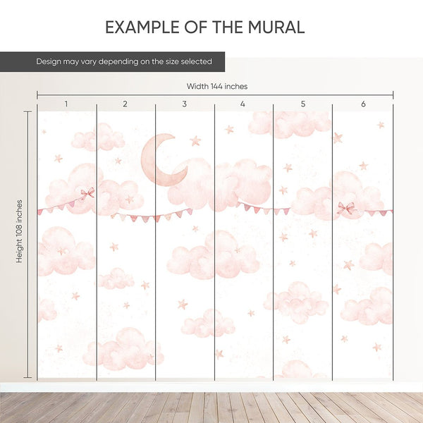Pink Clouds Moon & Bunting Wall Mural SM072 - CostaCover - Peel and stick Removable Wallpaper - Abstract - abstract wall art - abstract wallpaper