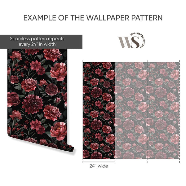 Dark Burgundy Flowers Wallpaper S057 - CostaCover - Peel and stick Removable Wallpaper - abstract wallpaper - accent wallpaper - adhesive wallpaper