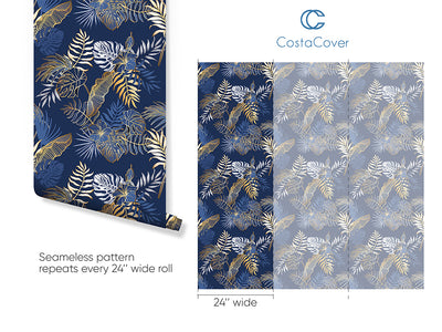 Navy Blue & Gold Palm Leaves Wallpaper CC295