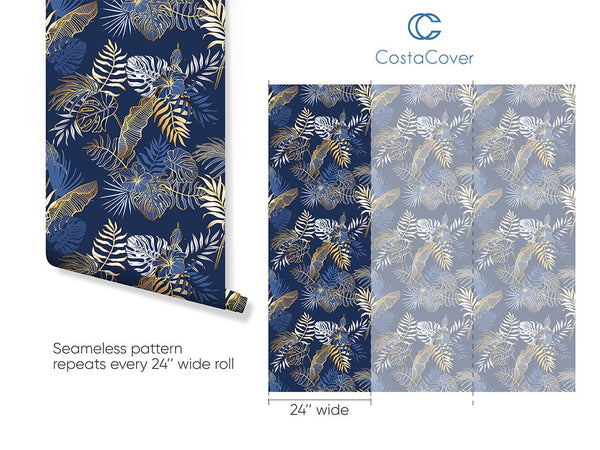 Navy Blue & Gold Palm Leaves Wallpaper CC295 - CostaCover - Peel and stick Removable Wallpaper - accent wallpaper - adhesive wallpaper - bathroom wallpaper