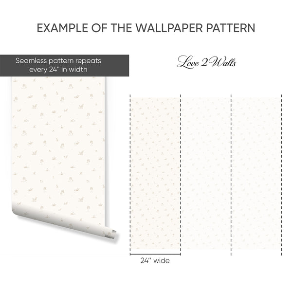 Charming woodland nursery wallpaper with hand-drawn foxes and tiny trees, offering a soft beige design on a pale off-white ground. This high-quality removable wallpaper is easy to apply, making it ideal for renters seeking a gentle and playful theme for nurseries or cozy hallways.