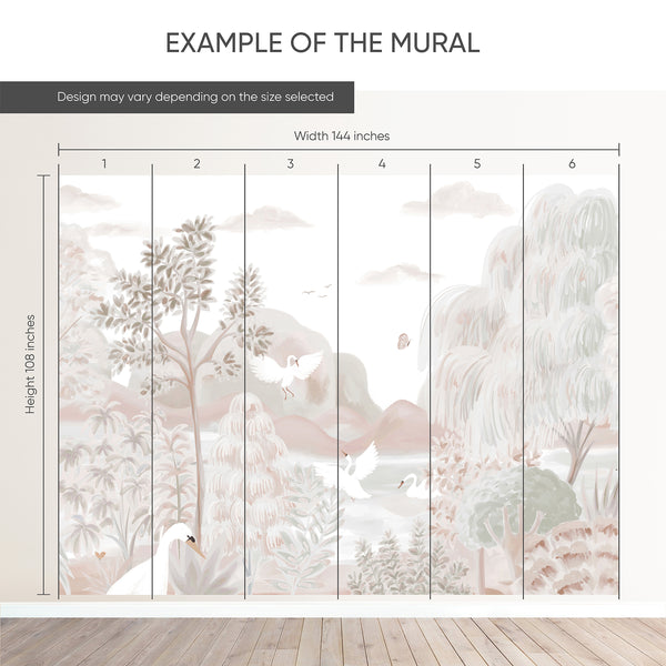 Example of a 144-inch-wide by 108-inch-high mural split into 6 panels, showing how the design is divided across  panels; the printed design varies with the size selected.