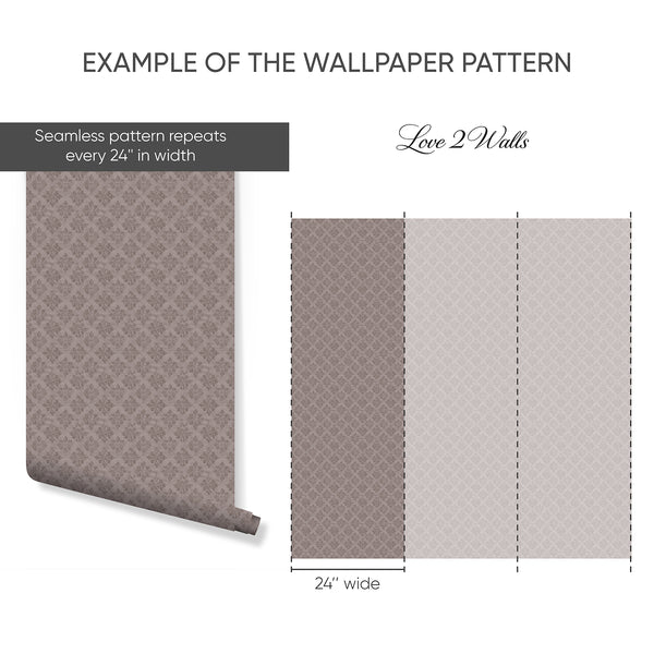 Taupe floral medallion wallpaper with soft brushed edges in a bedroom setting, providing a touch of elegance with its traditional design. This removable peel and stick wallpaper is perfect for renters and decorators who appreciate eco-friendly materials and easy-to-change decor.