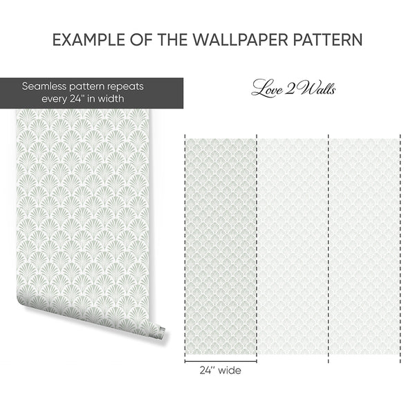 Botanical leaves wallpaper with a fan leaf motif in muted sage green, repeated in close register on a neutral ground. The printed fabric texture adds depth, suitable for living rooms or entryways. This removable peel and stick wallpaper is eco-friendly, made in the USA, and perfect for renters seeking temporary decor solutions.