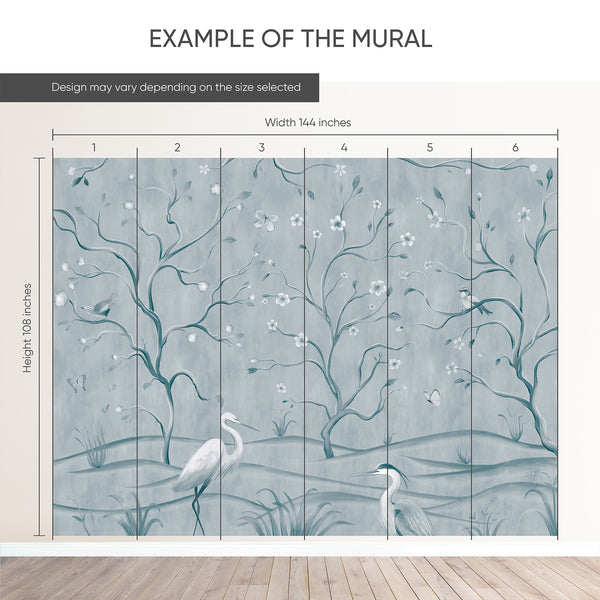 Example of a 144-inch-wide by 108-inch-high mural split into 6 panels, showing how the design is divided across  panels; the printed design varies with the size selected.