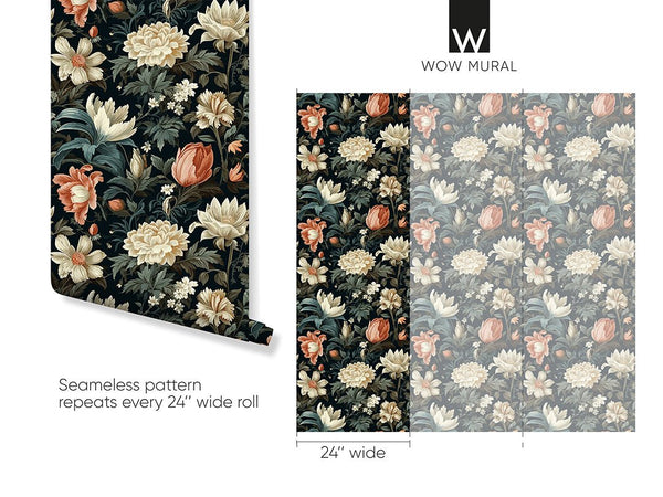 Dark Floral Botanical Wallpaper W143 - CostaCover-Peel and stick Removable Wallpaper-abstract floral-abstract wallpaper-accent wallpaper
