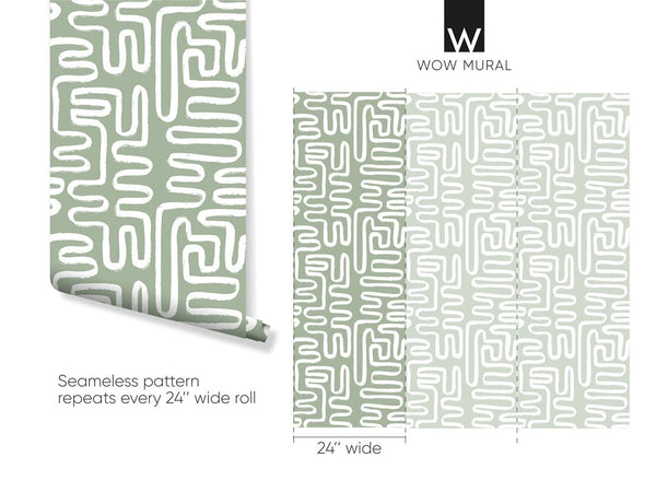 Green & White Boho Line Wallpaper W012 - CostaCover - Peel and stick Removable Wallpaper - Abstract - abstract lines - abstract wall art