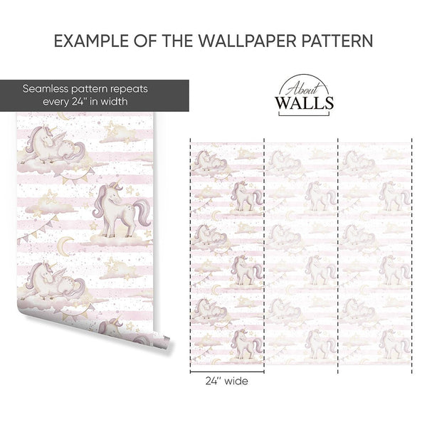 Pink Unicorns & Stripes Wallpaper A040 - CostaCover-Peel and stick Removable Wallpaper-accent wallpaper-adhesive wallpaper-baby bedroom