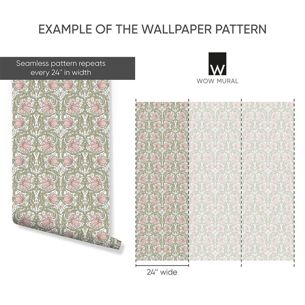 Light Pink & Green Pimpernel by Morris Wallpaper W166 - CostaCover - Peel and stick Removable Wallpaper - accent wallpaper - adhesive wallpaper - bathroom wallpaper