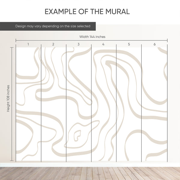 Example of a 144-inch-wide by 108-inch-high mural split into 6 panels, showing how the design is divided across  panels; the printed design varies with the size selected.