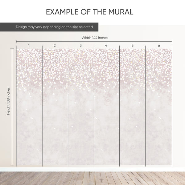 Example of a 144-inch-wide by 108-inch-high mural split into 6 panels, showing how the design is divided across  panels; the printed design varies with the size selected.
