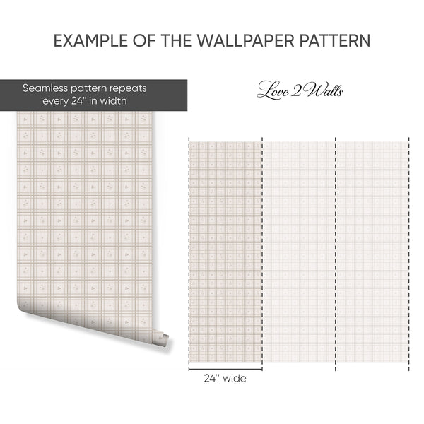 Taupe Greige Plaid Floral Wallpaper L146