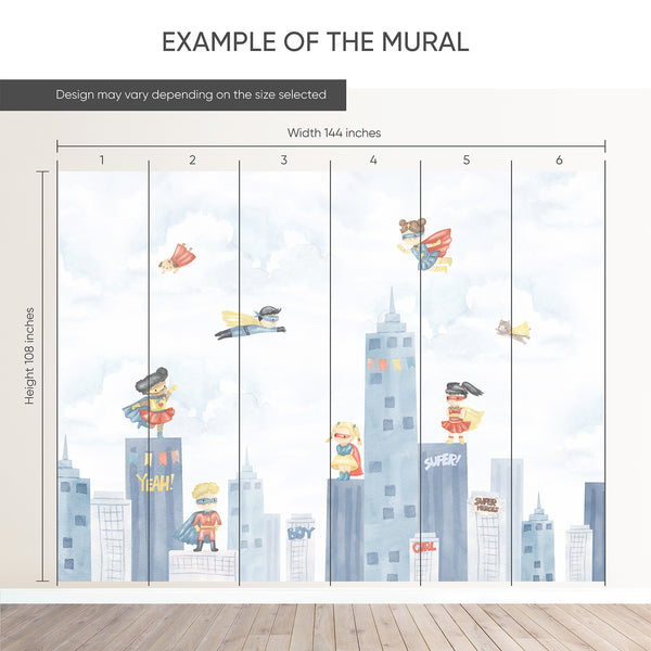 Example of a 144-inch-wide by 108-inch-high mural split into 6 panels, showing how the design is divided across  panels; the printed design varies with the size selected.