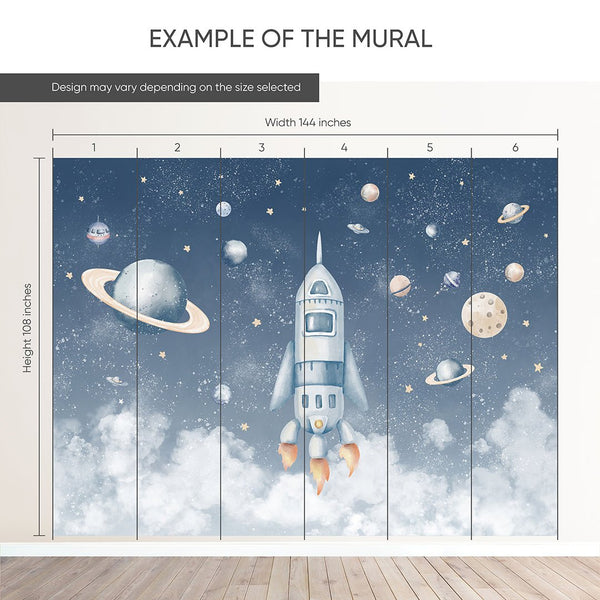Blue Spaceship & Planets Wall Mural SM090 - CostaCover - Peel and stick Removable Wallpaper - accent wallpaper - adhesive wallpaper - baby bedroom