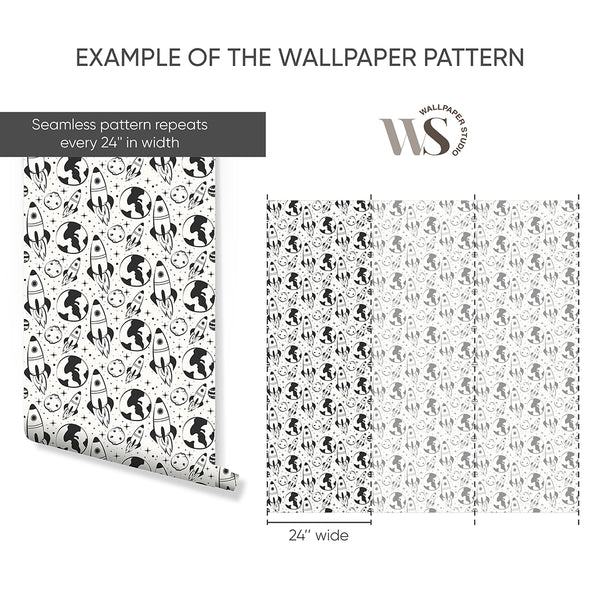 Black Spaceship & Planet Wallpaper S131 - CostaCover-Peel and stick Removable Wallpaper-accent wallpaper-adhesive wallpaper-bathroom wallpaper
