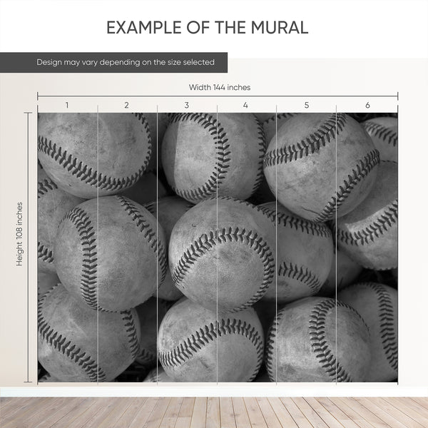 Example of a 144-inch-wide by 108-inch-high mural split into 6 panels, showing how the design is divided across  panels; the printed design varies with the size selected.