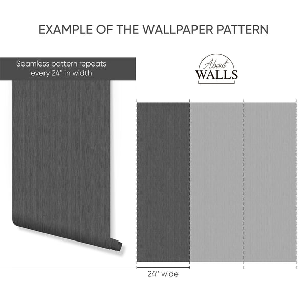 Vertical striation wallpaper in deep charcoal and soft gray, suitable for a minimalist bedroom. Self-adhesive and easy to apply, perfect for creating a statement wall.