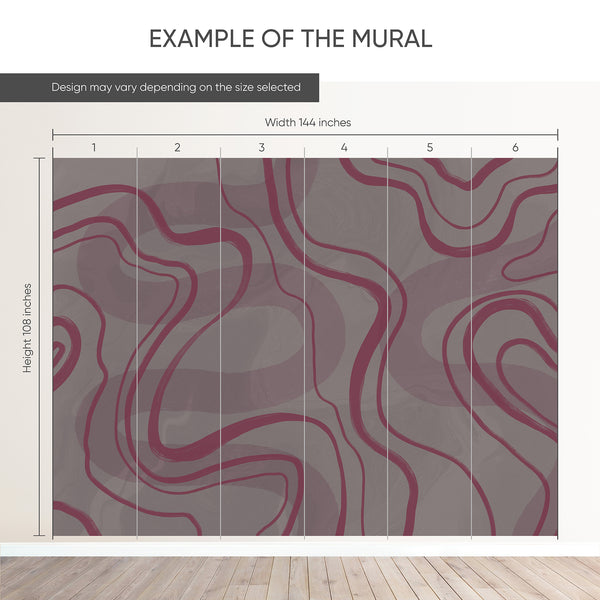 Example of a 144-inch-wide by 108-inch-high mural split into 6 panels, showing how the design is divided across  panels; the printed design varies with the size selected.