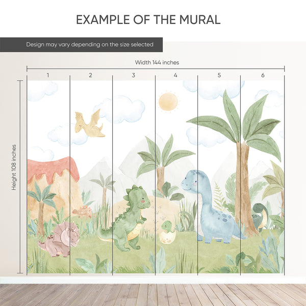 Example of a 144-inch-wide by 108-inch-high mural split into 6 panels, showing how the design is divided across  panels; the printed design varies with the size selected.