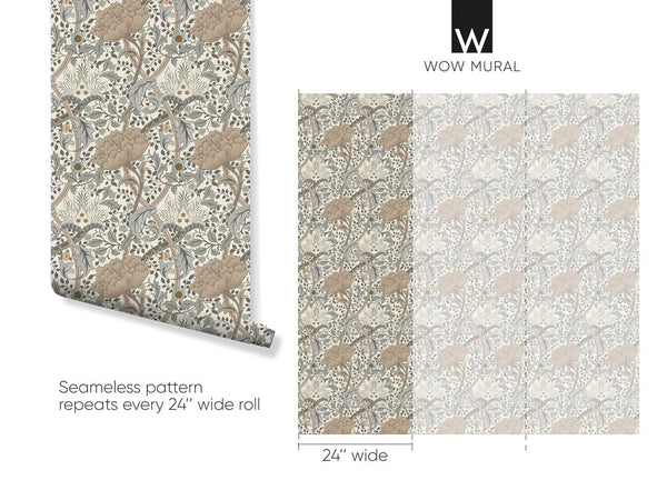 Sophisticated botanical pattern of Beige Gray Windrush wallpaper with acanthus-like palmettes. Warm beige and muted gray tones accented by pale gold. Perfect for a living room's accent wall. Removable peel and stick option ideal for renters seeking modern wallpaper solutions.