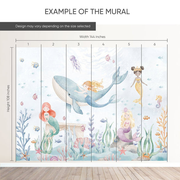 Mermaids and Whale Wall Mural SM066 - CostaCover - Peel and stick Removable Wallpaper - accent wallpaper - adhesive wallpaper - ariel mermaid
