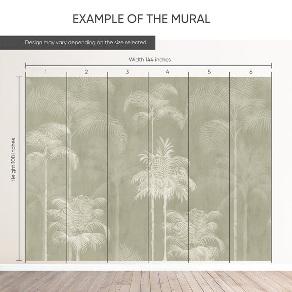 Example of a 144-inch-wide by 108-inch-high mural split into 6 panels, showing how the design is divided across  panels; the printed design varies with the size selected.