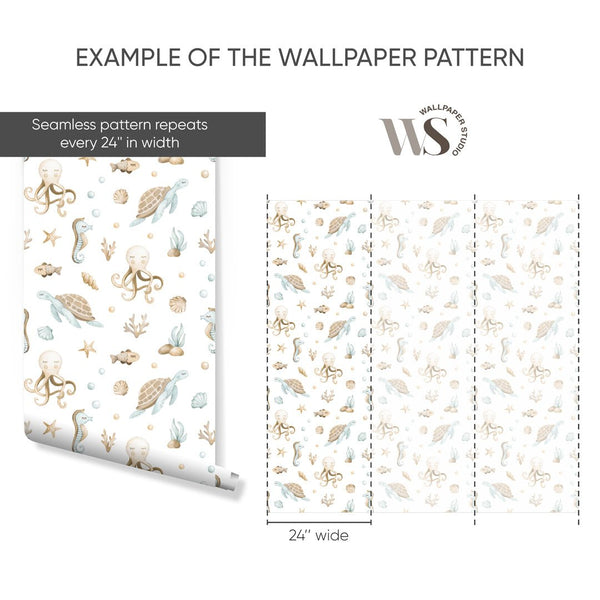 Beige Undersea World Wallpaper S098 - CostaCover - Peel and stick Removable Wallpaper - accent wallpaper - adhesive wallpaper - baby bedroom