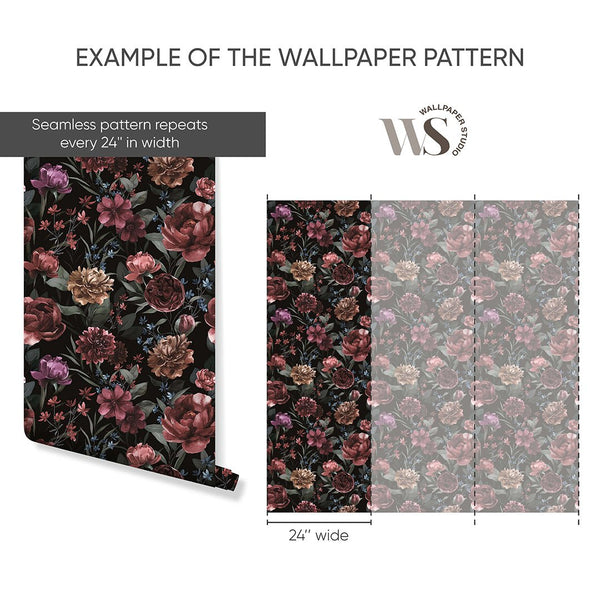 Dark Vintage Flowers Wallpaper S063 - CostaCover - Peel and stick Removable Wallpaper - accent wallpaper - adhesive wallpaper - bathroom wallpaper