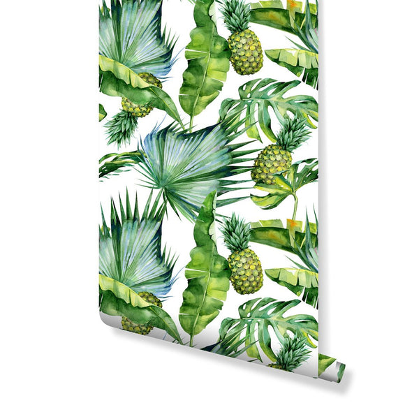 Tropical Leaves & Pineapples Wallpaper CC044 - CostaCover - Peel and stick Removable Wallpaper - bathroom wallpaper - bedroom interior - Colorful Stick on Wall cover for renters