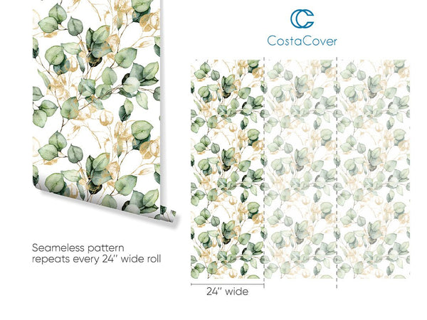 Green & Gold Eucalyptus Wallpaper CC283 - CostaCover - Peel and stick Removable Wallpaper - abstract floral - abstract wallpaper - accent wallpaper