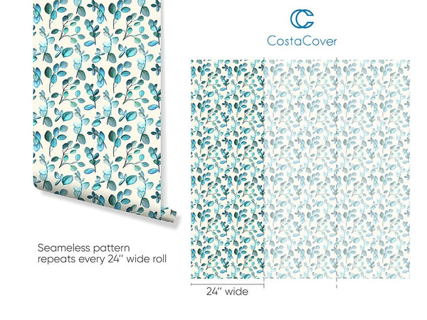 Blue Green Twigs Leaves Wallpaper CC213 - CostaCover - Peel and stick Removable Wallpaper - adhesive wallpaper - aqua blue - Aqua blue wallpaper