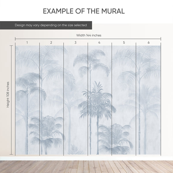 Example of a 144-inch-wide by 108-inch-high mural split into 6 panels, showing how the design is divided across  panels; the printed design varies with the size selected.