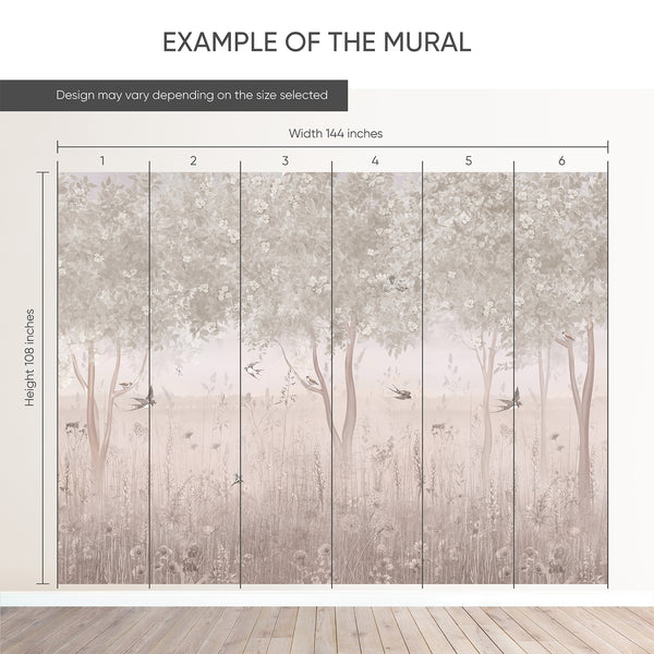 Example of a 144-inch-wide by 108-inch-high mural split into 6 panels, showing how the design is divided across  panels; the printed design varies with the size selected.