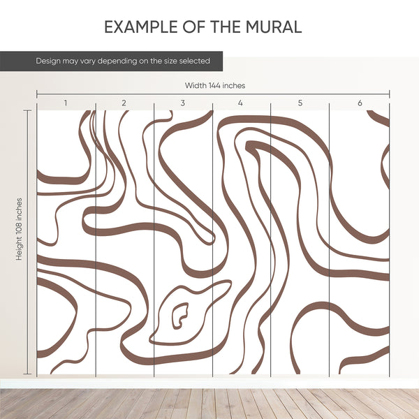 Example of a 144-inch-wide by 108-inch-high mural split into 6 panels, showing how the design is divided across  panels; the printed design varies with the size selected.