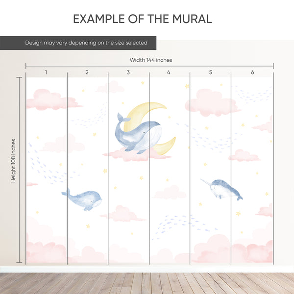 Example of a 144-inch-wide by 108-inch-high mural split into 6 panels, showing how the design is divided across  panels; the printed design varies with the size selected.